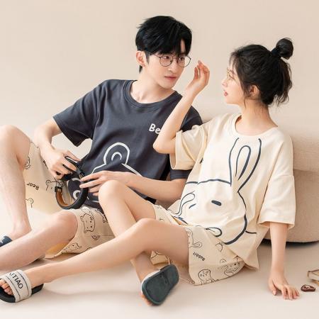 FA46213# 夏季新款7A纯棉情侣睡衣短袖短裤套头薄款女士纯棉卡通家居服套装 睡衣批发情侣家居服批发