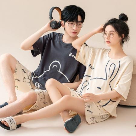 FA46213# 夏季新款7A纯棉情侣睡衣短袖短裤套头薄款女士纯棉卡通家居服套装 睡衣批发情侣家居服批发