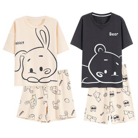 FA46213# 夏季新款7A纯棉情侣睡衣短袖短裤套头薄款女士纯棉卡通家居服套装 睡衣批发情侣家居服批发