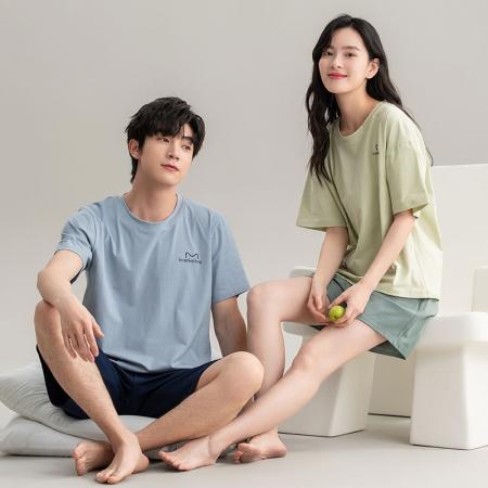 FA46214# 夏季新款7A纯棉情侣睡衣短袖短裤套头薄款女士纯棉卡通家居服套装 睡衣批发情侣家居服批发