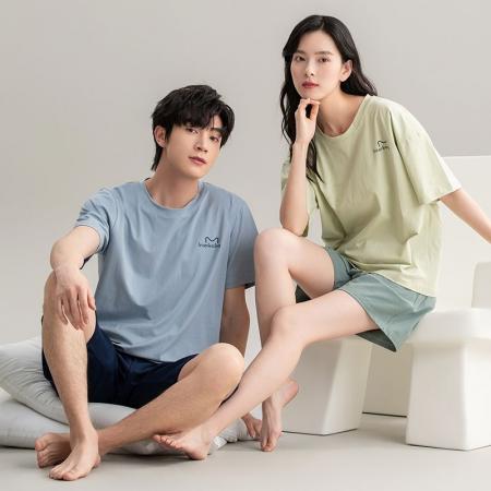 FA46214# 夏季新款7A纯棉情侣睡衣短袖短裤套头薄款女士纯棉卡通家居服套装 睡衣批发情侣家居服批发