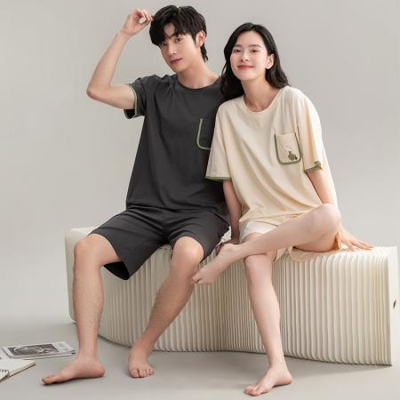 FA46217# 夏季新款7A纯棉情侣睡衣短袖短裤套头薄款女士纯棉卡通家居服套装 睡衣批发情侣家居服批发