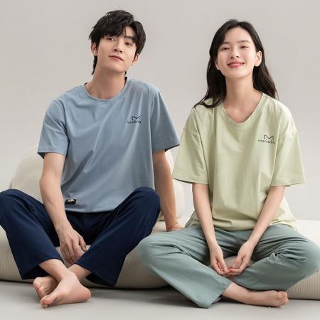 FA46219# 情侣睡衣女7A抗菌防螨纯棉新款大码宽松男士可外穿家居服套装 睡衣批发情侣家居服批发