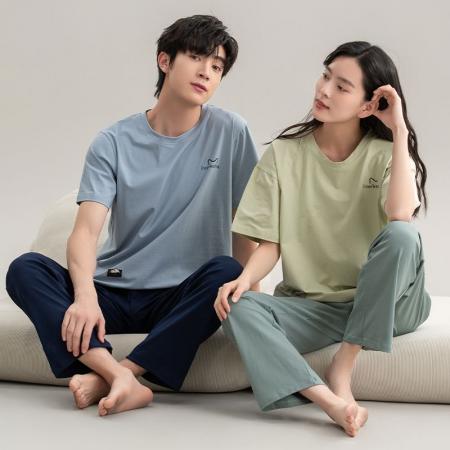 FA46219# 情侣睡衣女7A抗菌防螨纯棉新款大码宽松男士可外穿家居服套装 睡衣批发情侣家居服批发