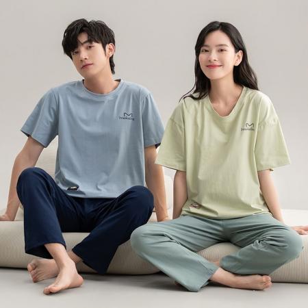 FA46219# 情侣睡衣女7A抗菌防螨纯棉新款大码宽松男士可外穿家居服套装 睡衣批发情侣家居服批发