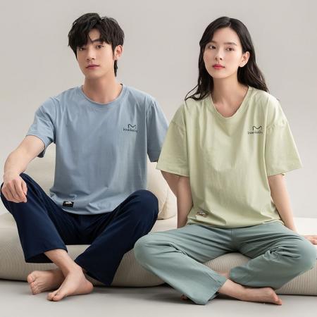 FA46219# 情侣睡衣女7A抗菌防螨纯棉新款大码宽松男士可外穿家居服套装 睡衣批发情侣家居服批发