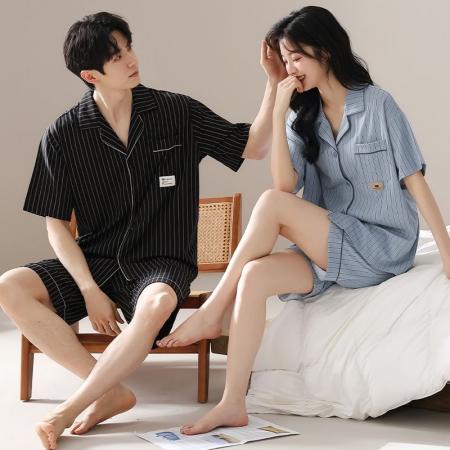 FA46221# 7A抑菌纯棉情侣睡衣男夏开衫短袖短裤休闲简约女士家居服薄款 睡衣批发情侣家居服批发