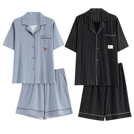 FA46221# 7A抑菌纯棉情侣睡衣男夏开衫短袖短裤休闲简约女士家居服薄款 睡衣批发情侣家居服批发