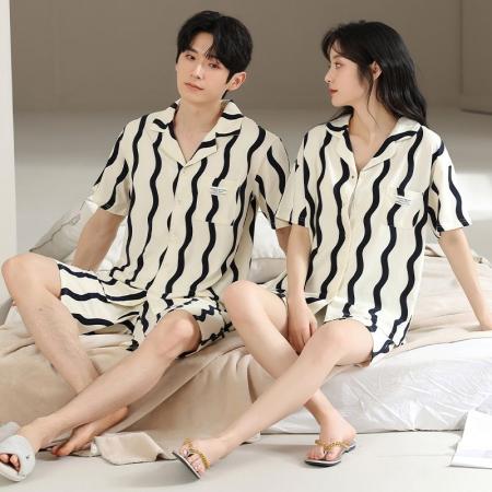 FA46222# 7A抑菌纯棉情侣睡衣男夏开衫短袖短裤休闲简约女士家居服薄款 睡衣批发情侣家居服批发