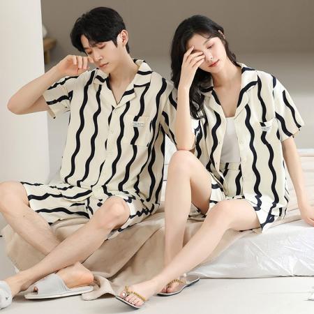 FA46222# 7A抑菌纯棉情侣睡衣男夏开衫短袖短裤休闲简约女士家居服薄款 睡衣批发情侣家居服批发
