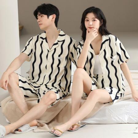 FA46222# 7A抑菌纯棉情侣睡衣男夏开衫短袖短裤休闲简约女士家居服薄款 睡衣批发情侣家居服批发