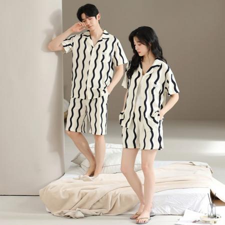 FA46222# 7A抑菌纯棉情侣睡衣男夏开衫短袖短裤休闲简约女士家居服薄款 睡衣批发情侣家居服批发