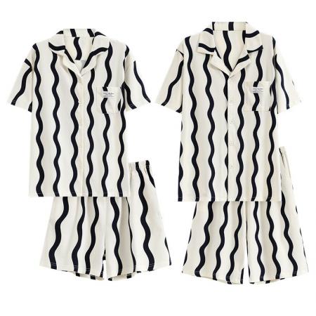 FA46222# 7A抑菌纯棉情侣睡衣男夏开衫短袖短裤休闲简约女士家居服薄款 睡衣批发情侣家居服批发