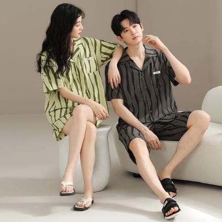 FA46223# 7A抑菌纯棉情侣睡衣男夏开衫短袖短裤休闲简约女士家居服薄款 睡衣批发情侣家居服批发