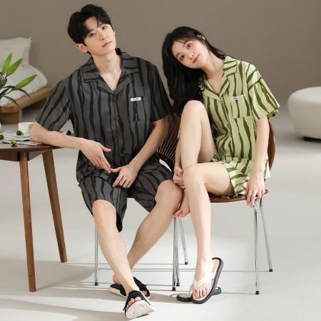 FA46223# 7A抑菌纯棉情侣睡衣男夏开衫短袖短裤休闲简约女士家居服薄款 睡衣批发情侣家居服批发