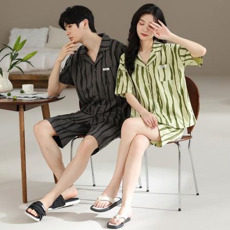 FA46223# 7A抑菌纯棉情侣睡衣男夏开衫短袖短裤休闲简约女士家居服薄款 睡衣批发情侣家居服批发