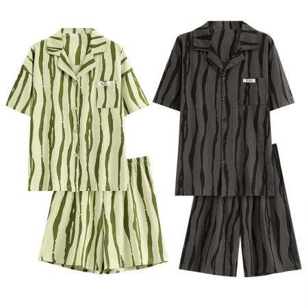 FA46223# 7A抑菌纯棉情侣睡衣男夏开衫短袖短裤休闲简约女士家居服薄款 睡衣批发情侣家居服批发