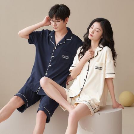 FA46224# 7A抑菌纯棉情侣睡衣男夏开衫短袖短裤休闲简约女士家居服薄款 睡衣批发情侣家居服批发