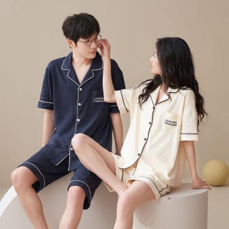 FA46224# 7A抑菌纯棉情侣睡衣男夏开衫短袖短裤休闲简约女士家居服薄款 睡衣批发情侣家居服批发