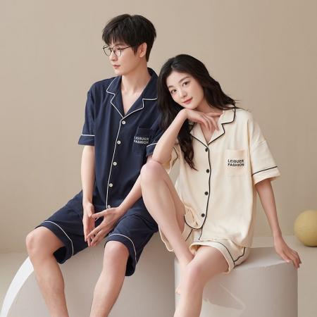 FA46224# 7A抑菌纯棉情侣睡衣男夏开衫短袖短裤休闲简约女士家居服薄款 睡衣批发情侣家居服批发