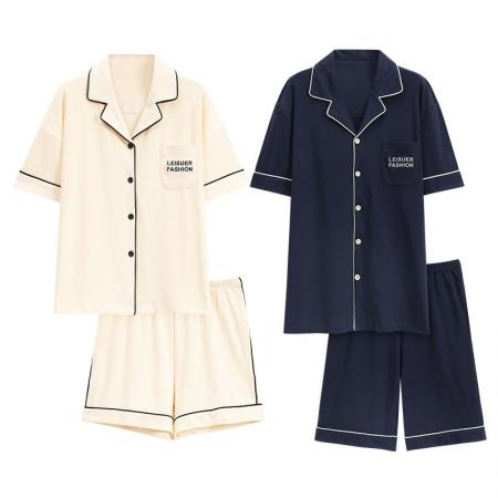 FA46224# 7A抑菌纯棉情侣睡衣男夏开衫短袖短裤休闲简约女士家居服薄款 睡衣批发情侣家居服批发
