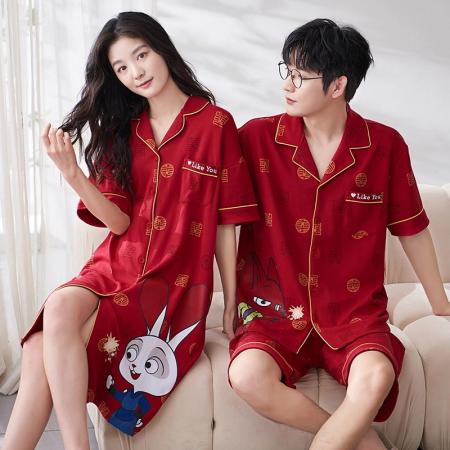 FA46225# 7A抗菌红色结婚情侣睡衣套装夏季纯棉薄款短袖长裤家居服套装 睡衣批发情侣家居服批发