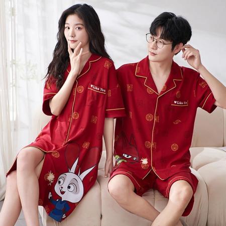 FA46225# 7A抗菌红色结婚情侣睡衣套装夏季纯棉薄款短袖长裤家居服套装 睡衣批发情侣家居服批发