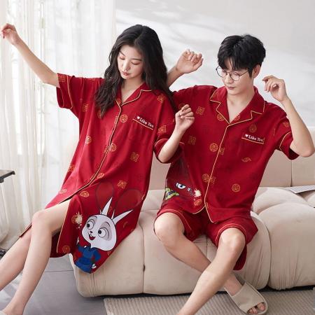 FA46225# 7A抗菌红色结婚情侣睡衣套装夏季纯棉薄款短袖长裤家居服套装 睡衣批发情侣家居服批发