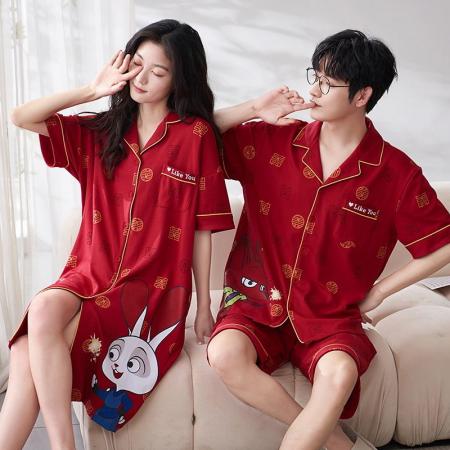 FA46225# 7A抗菌红色结婚情侣睡衣套装夏季纯棉薄款短袖长裤家居服套装 睡衣批发情侣家居服批发