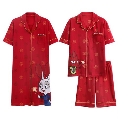 FA46225# 7A抗菌红色结婚情侣睡衣套装夏季纯棉薄款短袖长裤家居服套装 睡衣批发情侣家居服批发