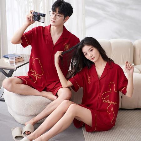 FA46226# 7A抗菌红色结婚情侣睡衣套装夏季纯棉薄款短袖长裤家居服套装 睡衣批发情侣家居服批发
