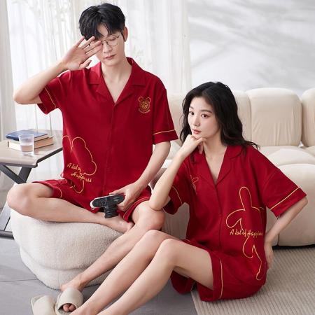 FA46226# 7A抗菌红色结婚情侣睡衣套装夏季纯棉薄款短袖长裤家居服套装 睡衣批发情侣家居服批发