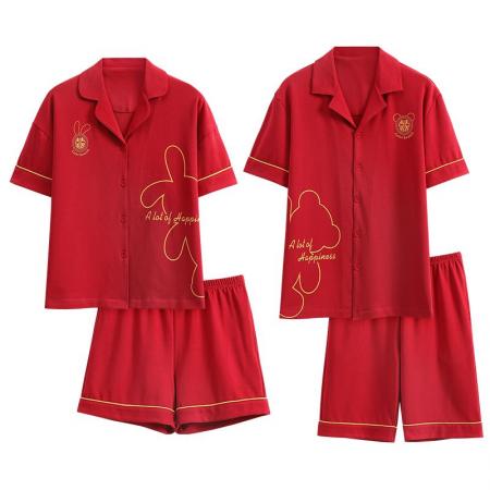 FA46226# 7A抗菌红色结婚情侣睡衣套装夏季纯棉薄款短袖长裤家居服套装 睡衣批发情侣家居服批发