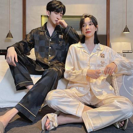 FA46227# 秋款仿真丝提花情侣长袖套装 睡衣批发情侣家居服批发