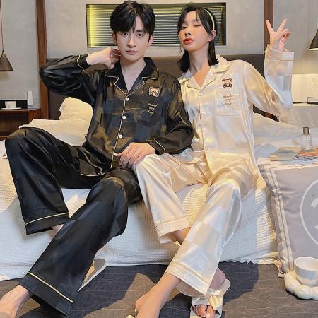 FA46227# 秋款仿真丝提花情侣长袖套装 睡衣批发情侣家居服批发