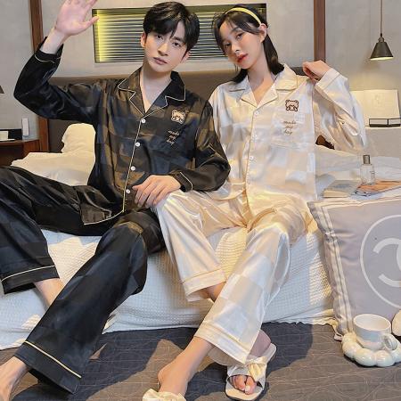 FA46227# 秋款仿真丝提花情侣长袖套装 睡衣批发情侣家居服批发