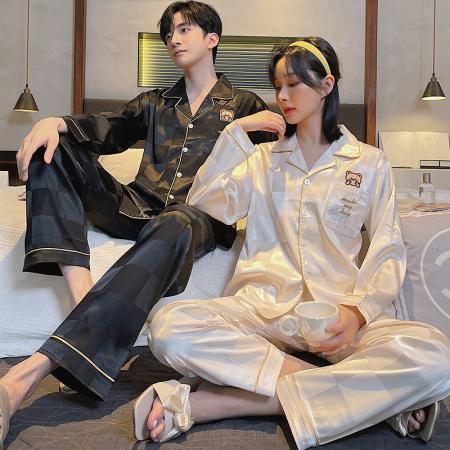 FA46227# 秋款仿真丝提花情侣长袖套装 睡衣批发情侣家居服批发