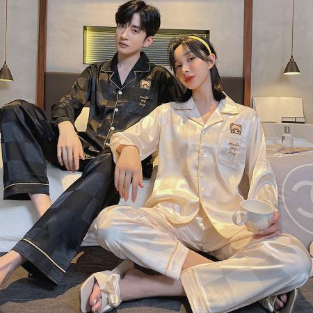 FA46227# 秋款仿真丝提花情侣长袖套装 睡衣批发情侣家居服批发