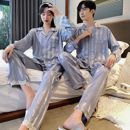 FA46228# 秋款仿真丝提花情侣长袖套装 睡衣批发情侣家居服批发