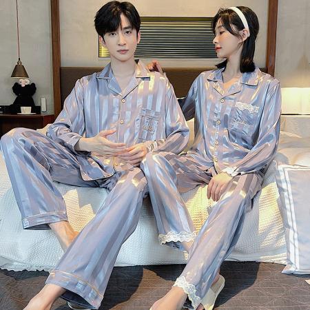 FA46228# 秋款仿真丝提花情侣长袖套装 睡衣批发情侣家居服批发