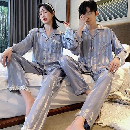 FA46228# 秋款仿真丝提花情侣长袖套装 睡衣批发情侣家居服批发