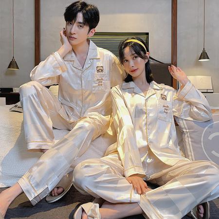 FA46229# 秋款仿真丝提花情侣长袖套装 睡衣批发情侣家居服批发