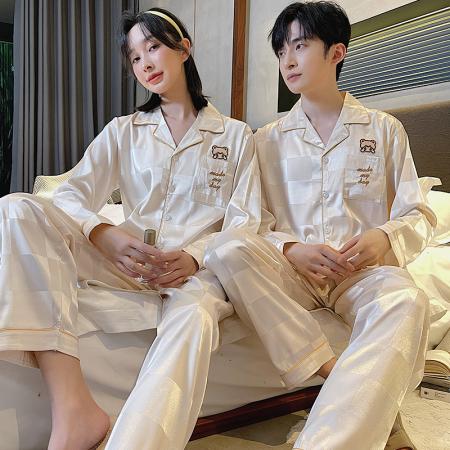 FA46229# 秋款仿真丝提花情侣长袖套装 睡衣批发情侣家居服批发