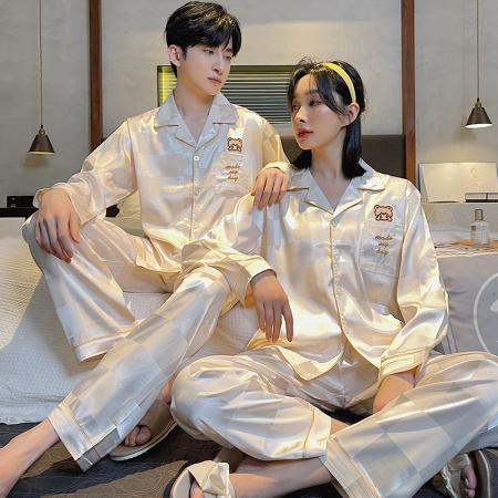 FA46229# 秋款仿真丝提花情侣长袖套装 睡衣批发情侣家居服批发