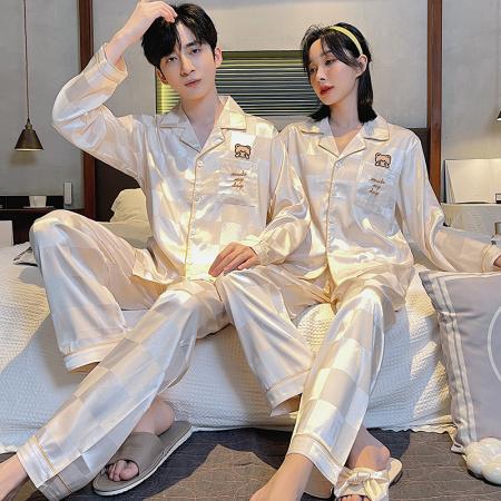 FA46229# 秋款仿真丝提花情侣长袖套装 睡衣批发情侣家居服批发