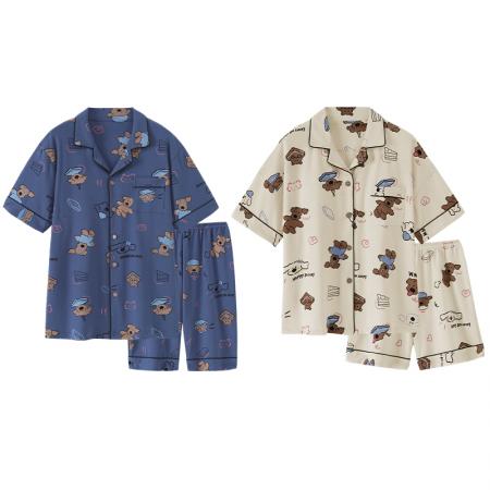 FA46230# 睡衣带胸垫夏季睡衣男女情侣拉架仿棉开衫短袖家居服 睡衣批发情侣家居服批发