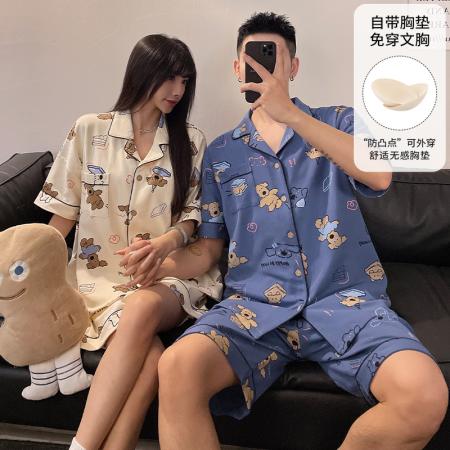 FA46230# 睡衣带胸垫夏季睡衣男女情侣拉架仿棉开衫短袖家居服 睡衣批发情侣家居服批发