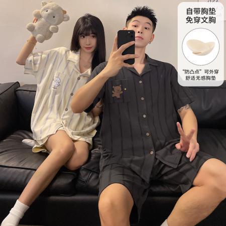 FA46231# 睡衣带胸垫夏季睡衣男女情侣拉架仿棉开衫短袖家居服 睡衣批发情侣家居服批发