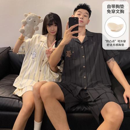 FA46231# 睡衣带胸垫夏季睡衣男女情侣拉架仿棉开衫短袖家居服 睡衣批发情侣家居服批发