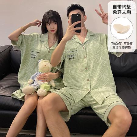 FA46232# 睡衣带胸垫夏季睡衣男女情侣拉架仿棉开衫短袖家居服 睡衣批发情侣家居服批发